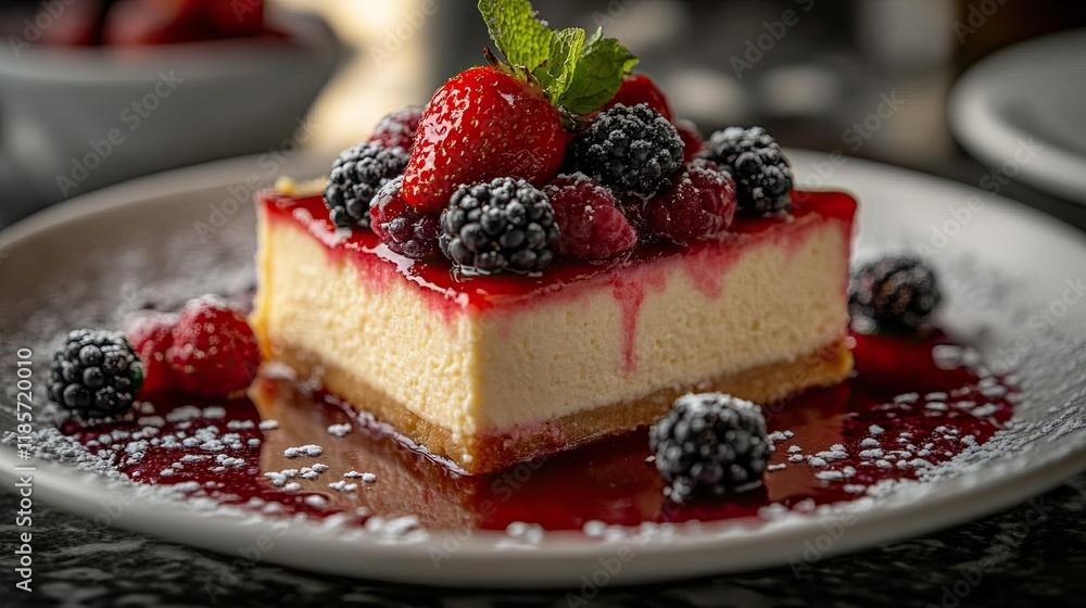 A perfect slice of cheesecake topped with fresh berries and a drizzle of strawberry syr A perfect slice of cheesecake topped with fresh berries and a drizzle of strawberry syr