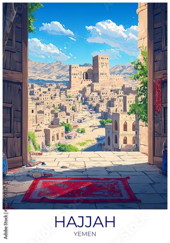 Hajjah Yemen Travel Poster Flat Illustration Print Decor Gift Canvas Wall Art Gift photo