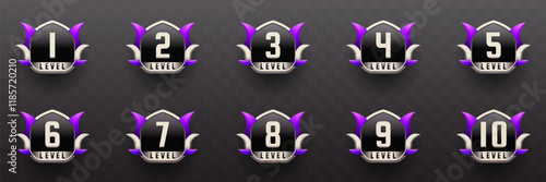 Game Level Up Badges in Black, Silver and violet Color-Themed for Game UI Designs