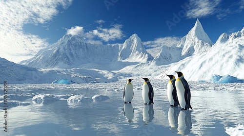 A serene Antarctic landscape featuring emperor penguins on ice.