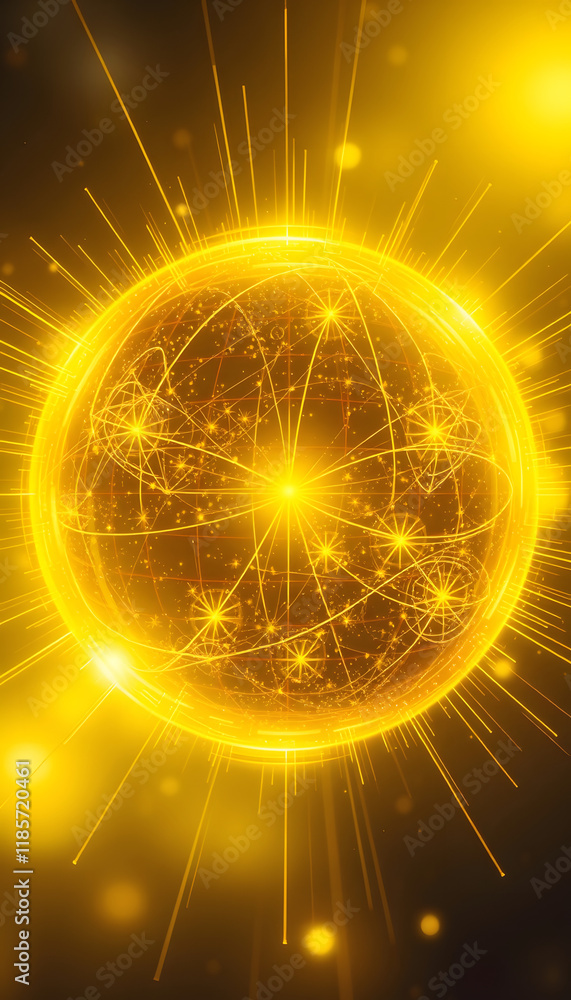 Yellow energy magic sphere round hi-tech light digital ball space planet star made of futuristic light rays lines and energy particles. Abstract background, vintage, with white tones Yellow energy magic sphere round hi-tech light digital ball space planet star made of futuristic light rays lines and energy particles. Abstract background, vintage, with white tones
