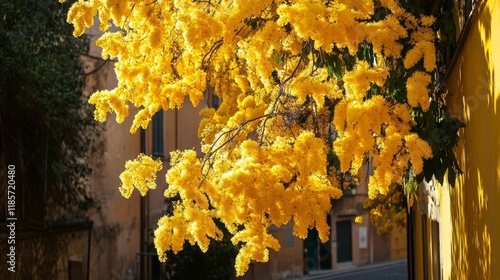 Vibrant yellow mimosa tree in historic rome, italy, contrasting with scenic streets on a sunny day photo