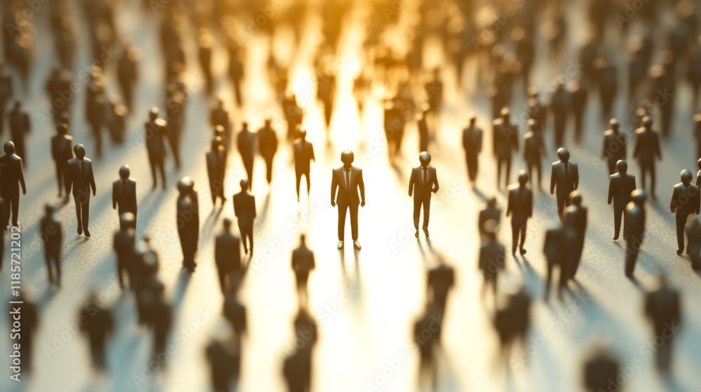 Naklejka premium Crowd of people with one highlighted individual standing out, symbolizing the importance of individuality and standing tall amidst a sea of similarities.