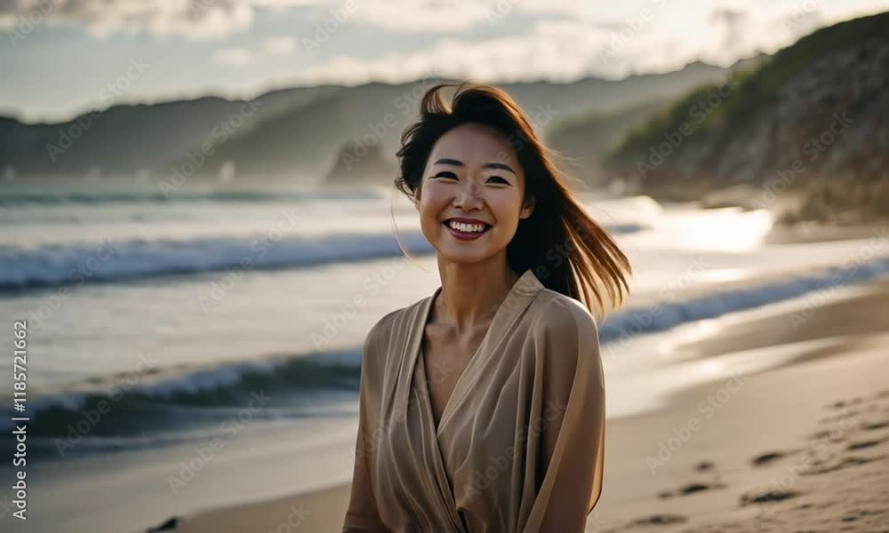 A lovely Asian woman is enjoying a peaceful moment on the beach, smiling as she relaxes. Nearby, a young woman walks along the shoreline, captivated by the powerful waves and the brisk winds. A lovely Asian woman is enjoying a peaceful moment on the beach, smiling as she relaxes. Nearby, a young woman walks along the shoreline, captivated by the powerful waves and the brisk winds.