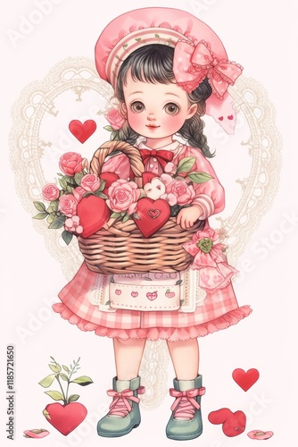 Cute girl holding basket with roses and hearts for valentine's day