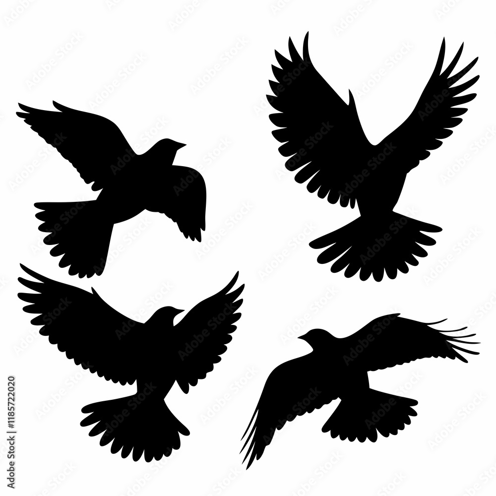 Fototapeta premium Four birds flying in the sky. They are all black. The birds are in different positions. One is in the middle, and the other three are on the right side