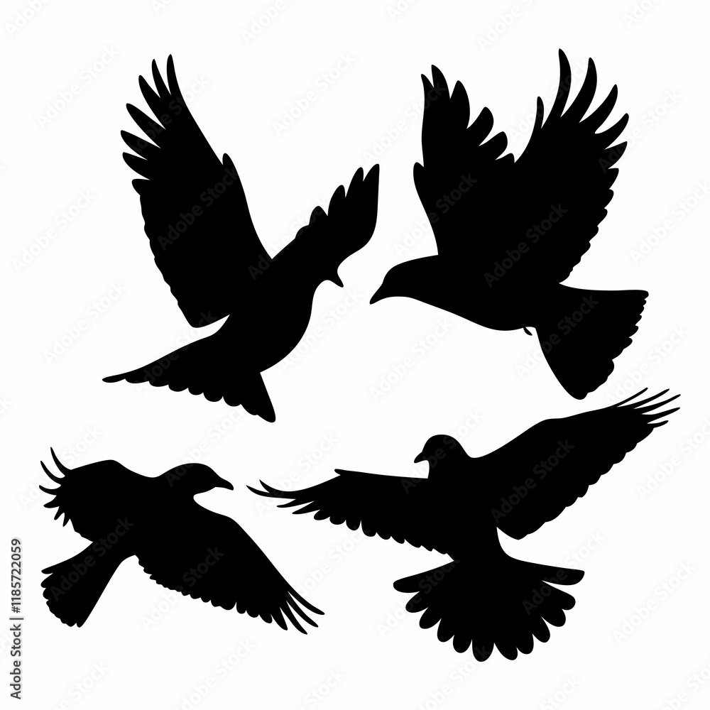 Four birds flying in the sky. They are all black. The birds are in different positions. One is in the middle, and the other three are on the right side Four birds flying in the sky. They are all black. The birds are in different positions. One is in the middle, and the other three are on the right side