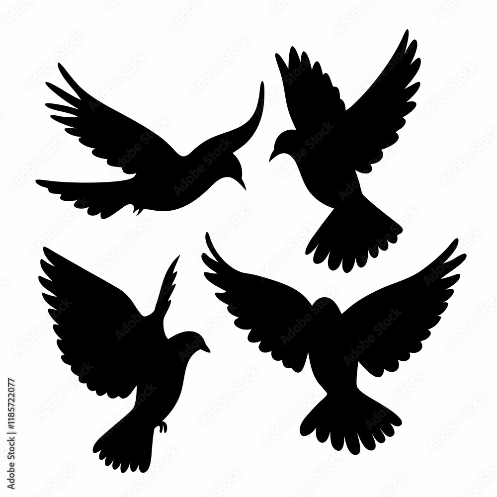 Fototapeta premium Four birds flying in the sky. They are all black. The birds are in different positions. One is in the middle, and the other three are on the right side