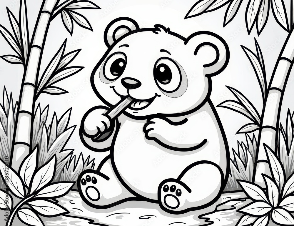 Coloring page of a cute panda eating bamboo in a jungle. you can print it Coloring page of a cute panda eating bamboo in a jungle. you can print it