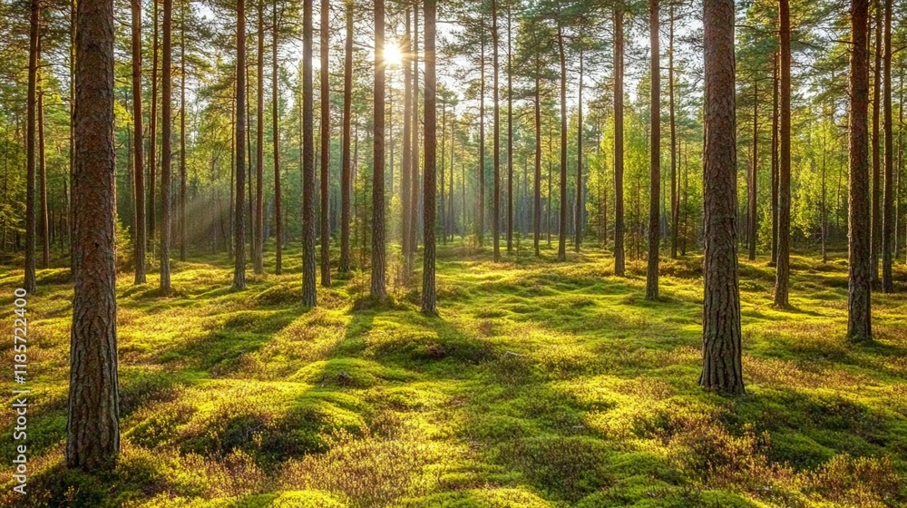 Obraz premium Sunlit Pine Forest: Serene Mossy Ground, Golden Light