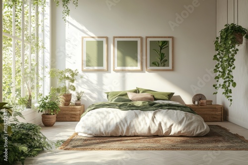 A bedroom with a white bed and green pillows
