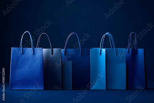 Blue shopping bags dark background retail display photo