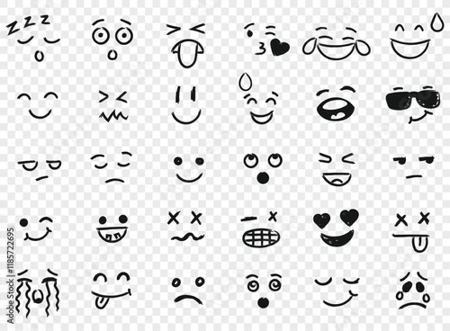 Emojis faces icon in hand drawn style. Doddle emoticons vector illustration on isolated background. Happy and sad face sign business concept.