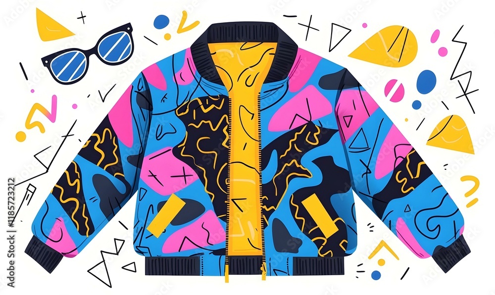 Fototapeta premium 90s Retro Fashion, showcasing bold geometric patterns and vibrant colors, representing an iconic old-school style from the decade.