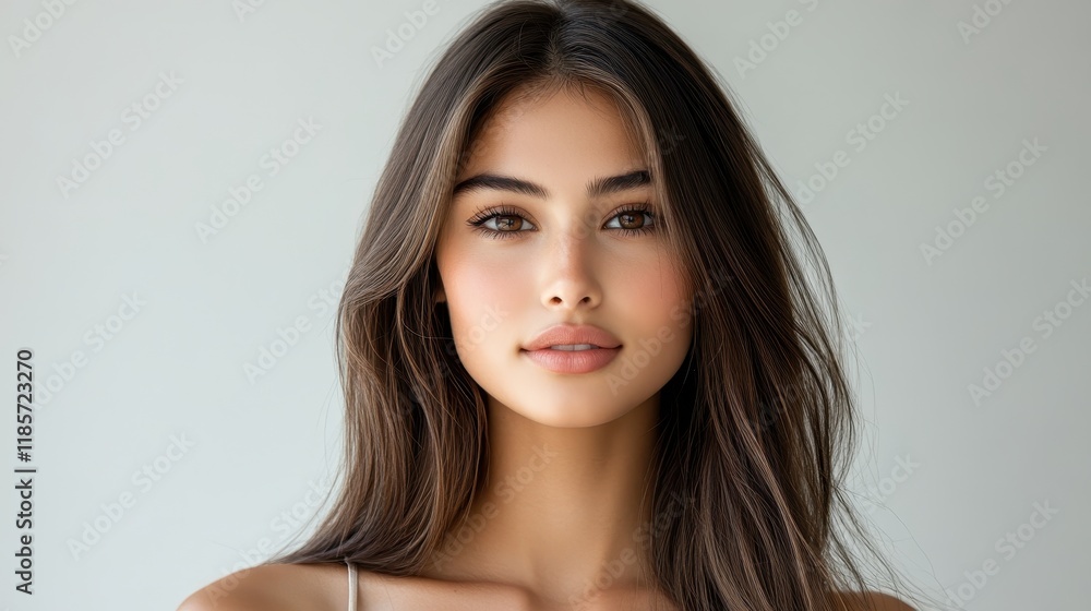 Naklejka premium Close-up portrait of a young woman with long brown hair and subtle makeup. Ideal for beauty, fashion, or cosmetic advertising.