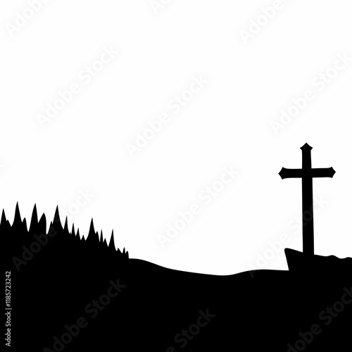 A cross is on a hill with a cemetery in the background. The cross is black and white