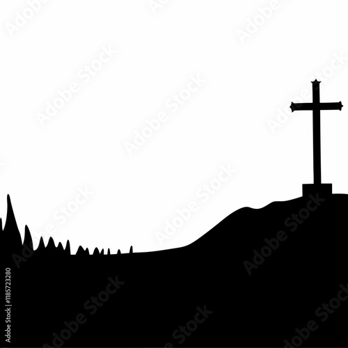 A cross is on a hill with a cemetery in the background. The cross is black and white