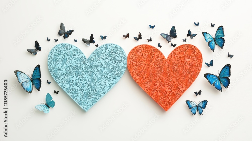 Two intertwined hearts adorned with intricate patterns and surrounded by tiny fluttering butterflies, evoking a sense of love and connection. Two intertwined hearts adorned with intricate patterns and surrounded by tiny fluttering butterflies, evoking a sense of love and connection.