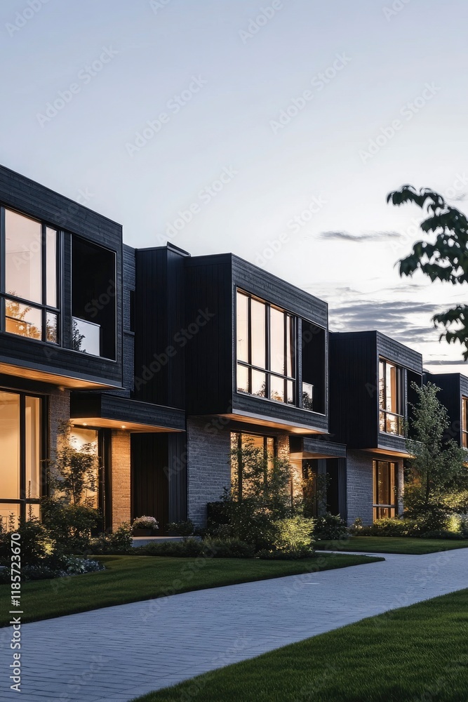A row of modern townhouses with black panel walls and glass windows, green lawns and path infront of house A row of modern townhouses with black panel walls and glass windows, green lawns and path infront of house