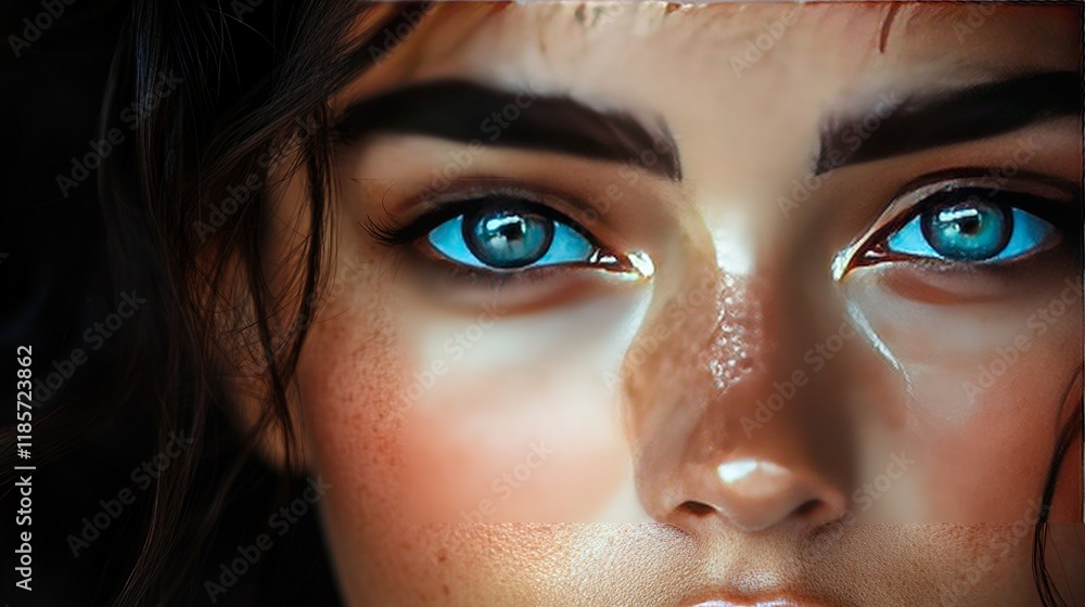 Fototapeta premium Close up of woman's eyes, dark hair, dark background. Use as portrait