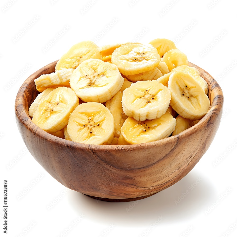 Banana slice chips in wooden bowl isolated on white background Banana slice chips in wooden bowl isolated on white background
