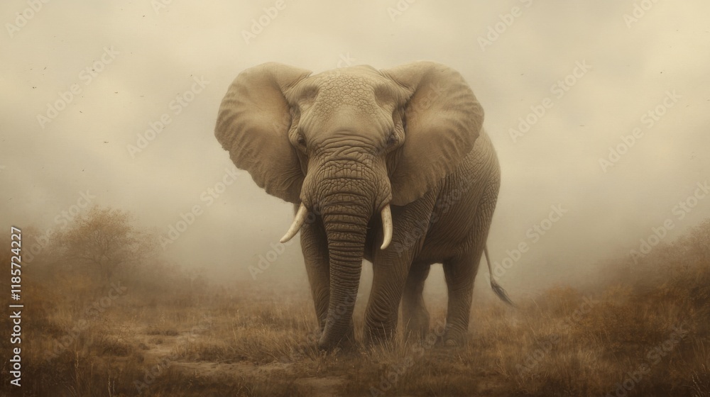 Fototapeta premium Majestic elephant in misty savanna.