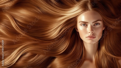 Woman with long, flowing auburn hair. Perfect for hair care, beauty, and fashion websites.