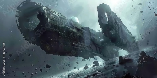 A derelict spaceship floating in a dark, asteroid-filled space scene.