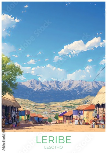 Leribe Lesotho Travel Poster Flat Illustration Print Decor Gift Canvas Wall Art Gift photo