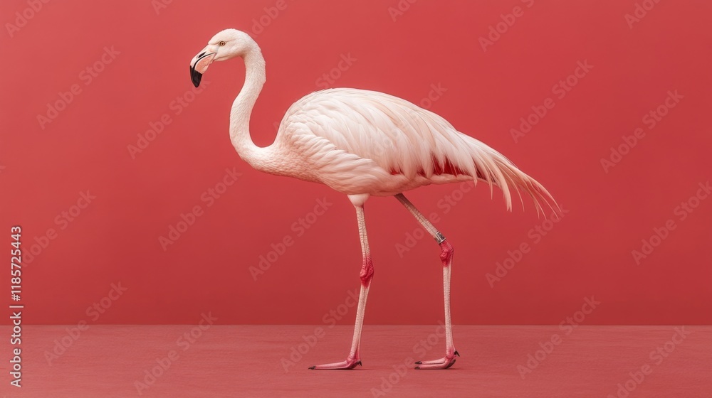 Fototapeta premium Pink flamingo standing on red background.