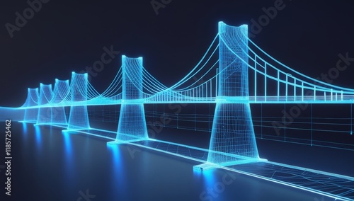 Futuristic Wireframe Bridge Design Illuminated in Neon Blue Against a Dark Background