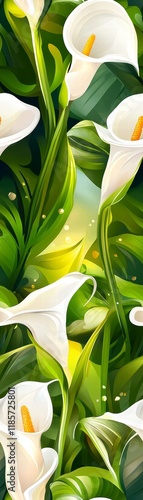 Blooming calla lilies in a lush garden nature scene floral artwork bright atmosphere close-up perspective photo