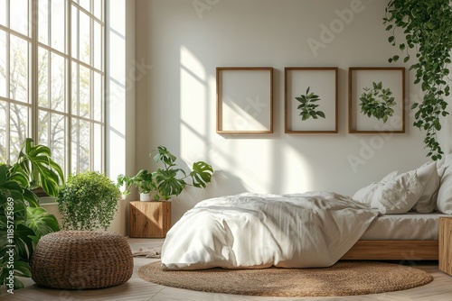 A bedroom with a white bed, a window, and a plant