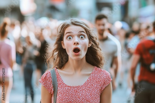 Pretty slim girl with a shocked and confused expression while witnessing a surprise flash mob performance in a bustling city square photo