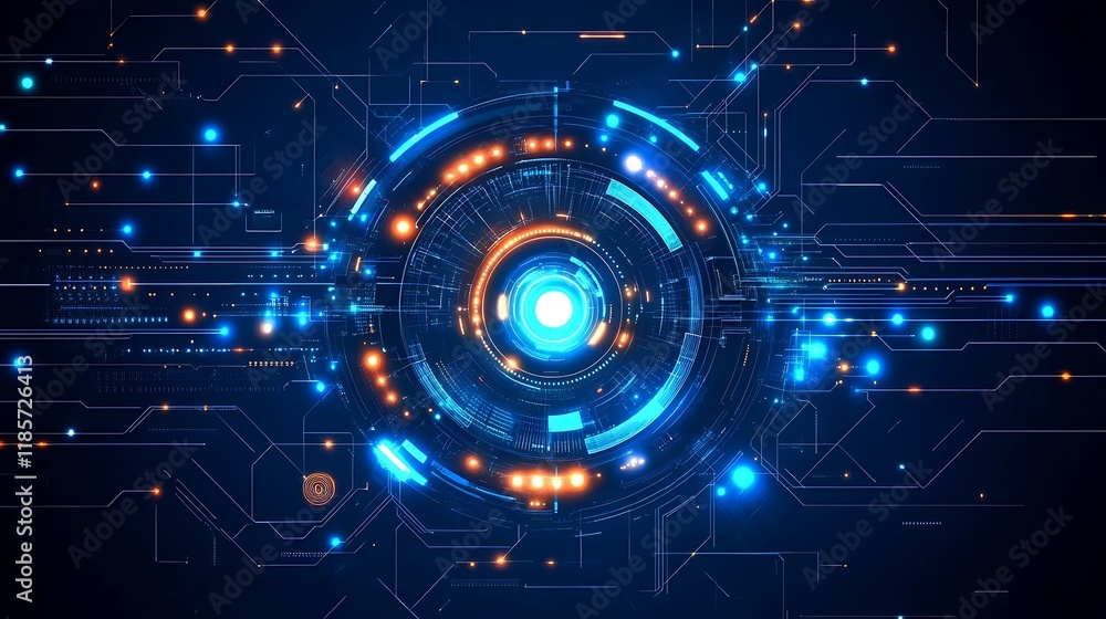 Obraz premium Abstract futuristic technology background with glowing circular interface and circuit board design.