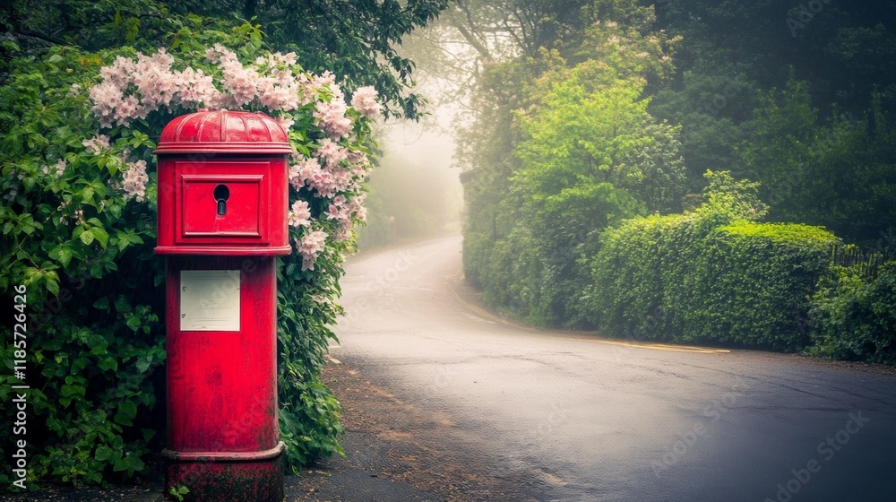 Historic red mailbox stands prominently on a British street, symbolizing timeless communication and cultural heritage. Historic red mailbox stands prominently on a British street, symbolizing timeless communication and cultural heritage.