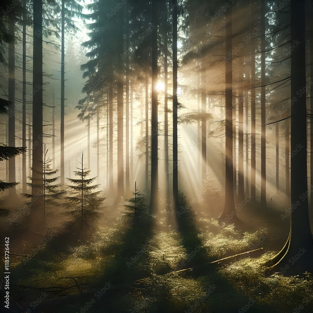 Obraz premium Misty forest with rays of light shining through the trees, morning mist, calm atmosphere