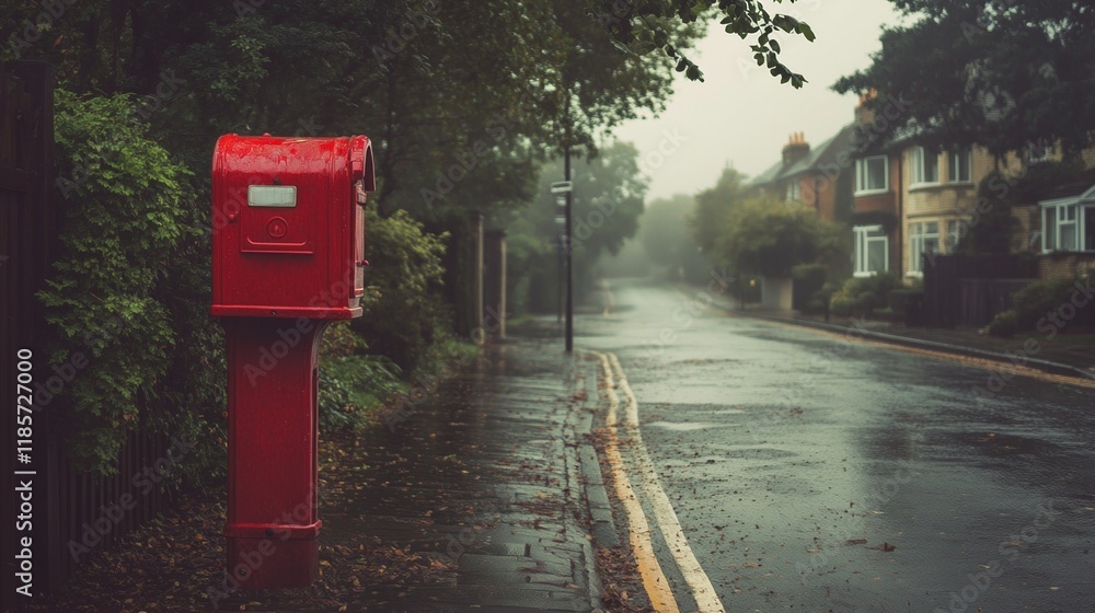 Historic red mailbox stands prominently on a British street, symbolizing timeless communication and cultural heritage. Historic red mailbox stands prominently on a British street, symbolizing timeless communication and cultural heritage.