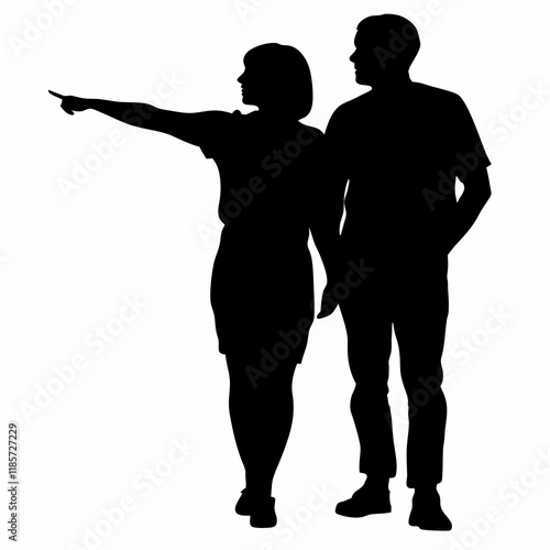 A man and woman are standing next to each other. The man is pointing to something
