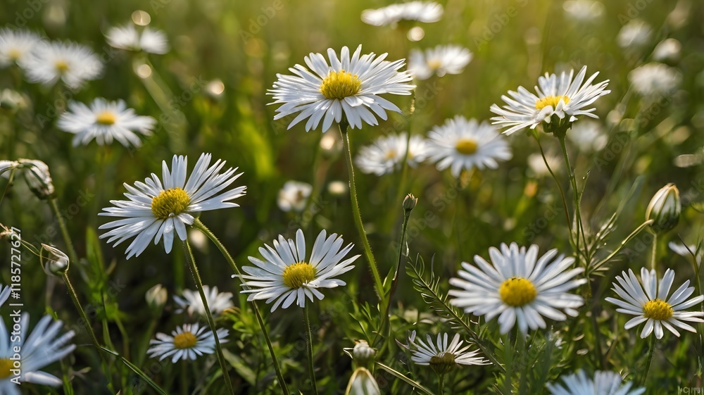 Blooming white daisies flower in golden sunlight, natural beauty & serene ambience. Allure of flowering daisy floral meadows Blooming white daisies flower in golden sunlight, natural beauty & serene ambience. Allure of flowering daisy floral meadows