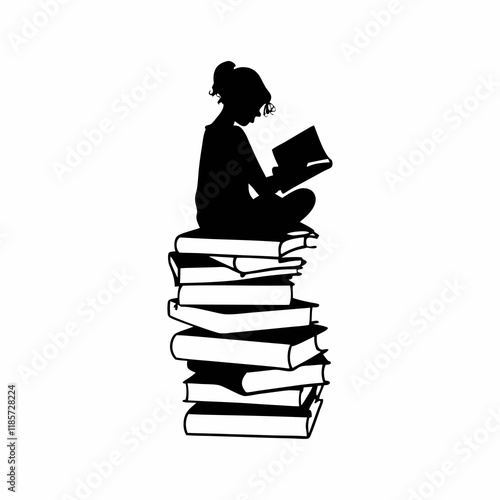 A girl is sitting on a stack of books. She is reading a book. The books are stacked on top of each other