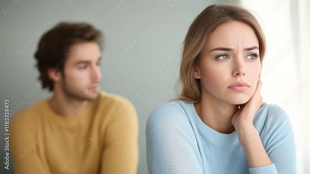 Serious sad woman thinking over a problem, man aside, meeting therapist, poor chance of getting pregnant after 40, unmet expectations, unable to handle family finances, interested in different things Serious sad woman thinking over a problem, man aside, meeting therapist, poor chance of getting pregnant after 40, unmet expectations, unable to handle family finances, interested in different things