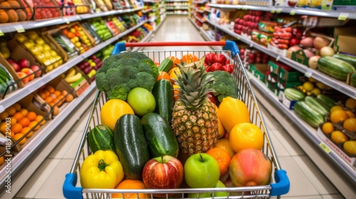 A brightly lit supermarket shopping cart filled with a variety of fresh fruits and vegetables including pineapples cucumbers and apples

