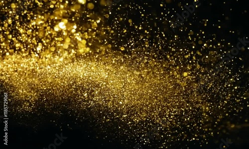 Create an animation of shimmering gold dust particles falling from above on a black background, with dynamic light reflections