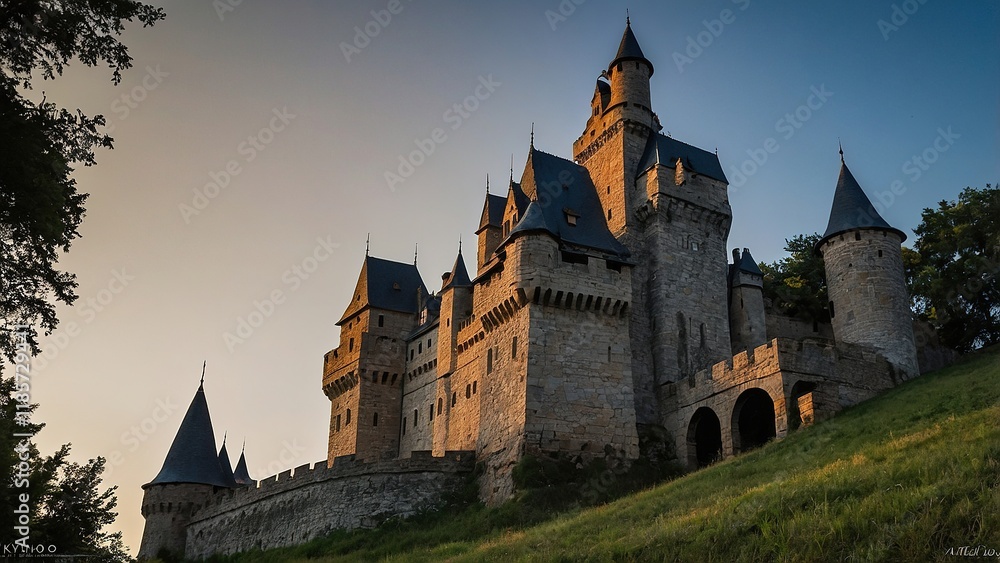Historic Stone Castle Standing Majestically on a Grassy Hill During Sunset With Towers and Turrets Outlined Against the Sky Historic Stone Castle Standing Majestically on a Grassy Hill During Sunset With Towers and Turrets Outlined Against the Sky