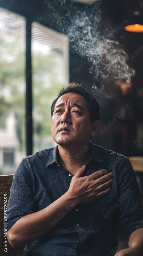 Fototapeta premium Contemplative Man in Cafe, Smoke Rising