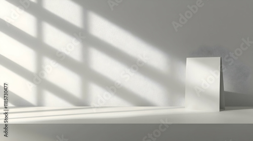 Wallpaper Mural Sunlight illuminates blank card mockup on minimalist white shelf, studio backdrop. Torontodigital.ca
