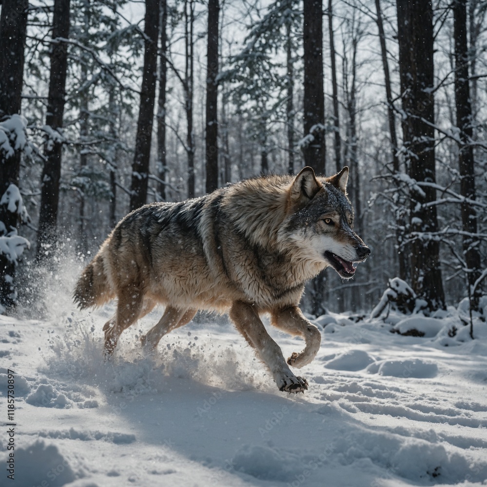 Obraz premium A wolf mid-run through a snowy forest, leaving paw prints in the snow.