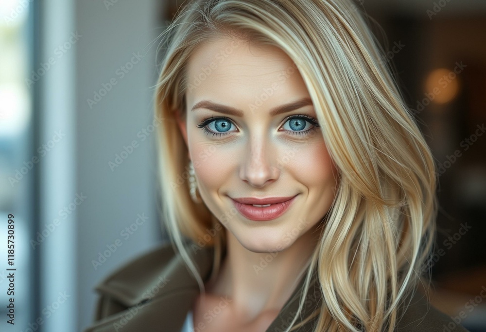 Blond woman with bright blue eyes and soft smile Blond woman with bright blue eyes and soft smile