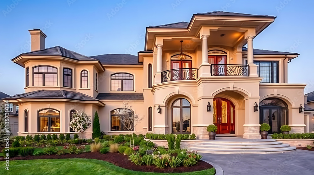 Obraz premium Large, two-story beige house with a multi-gabled roof, arched entryways, and extensive landscaping. The home features numerous windows, a balcony, and a paved driveway.